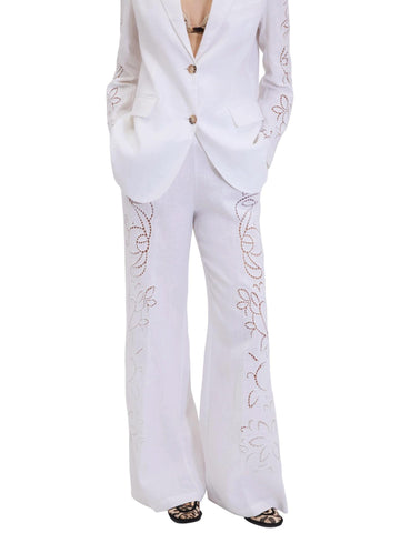 Ermanno Firenze Pantalone in lino con ricami San Gallo