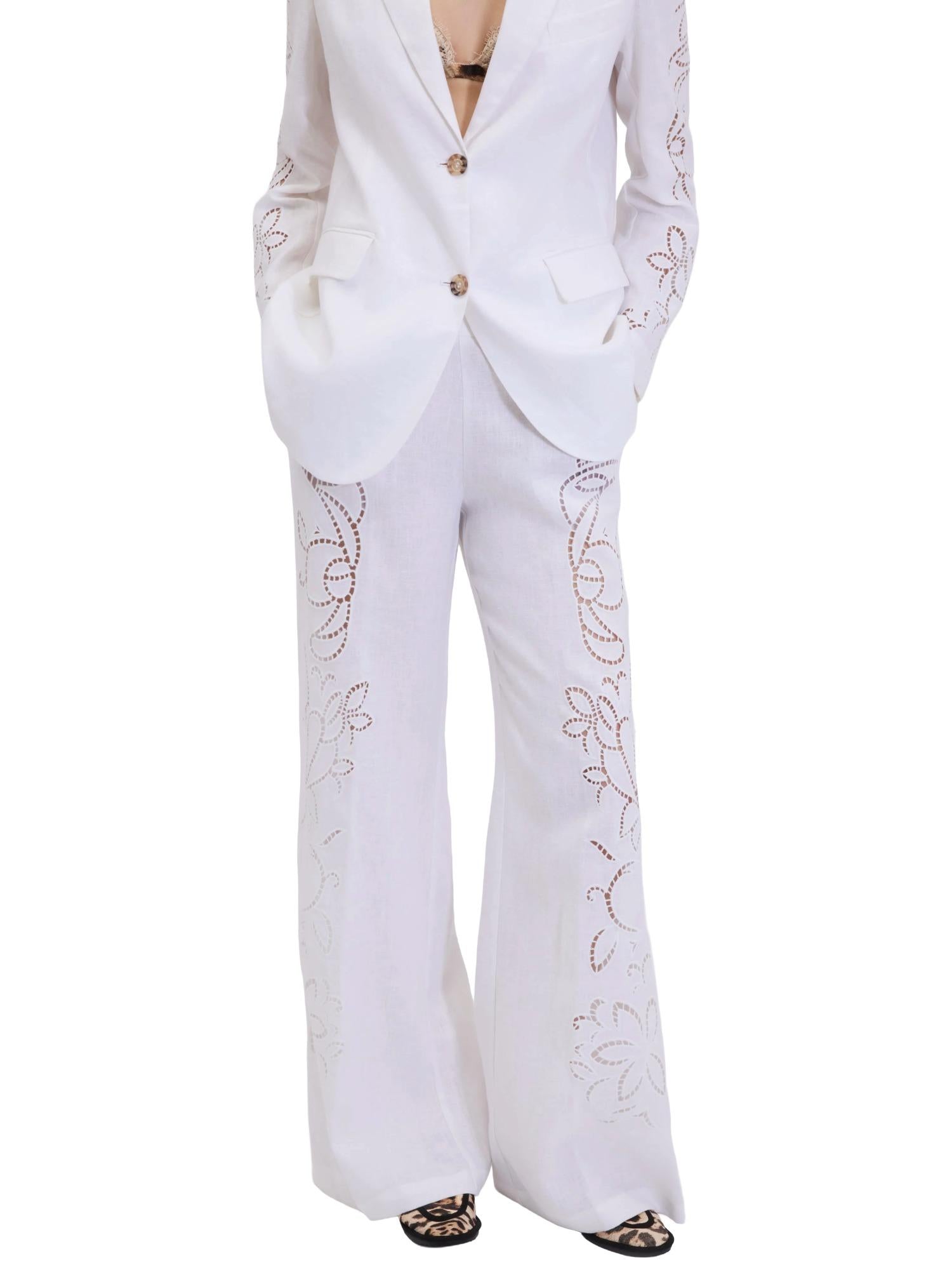 Ermanno Firenze Pantalone in lino con ricami San Gallo