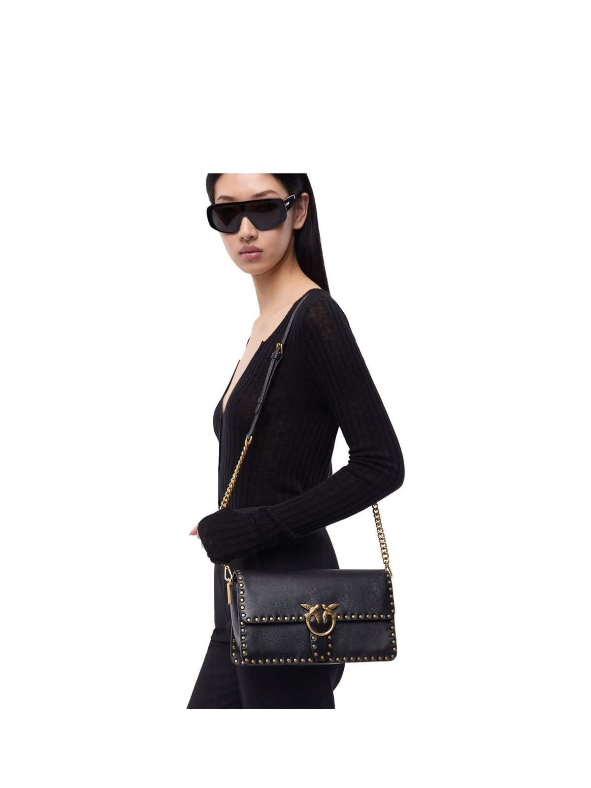 Borsa a tracolla media love one slouchy in pelle con borchie