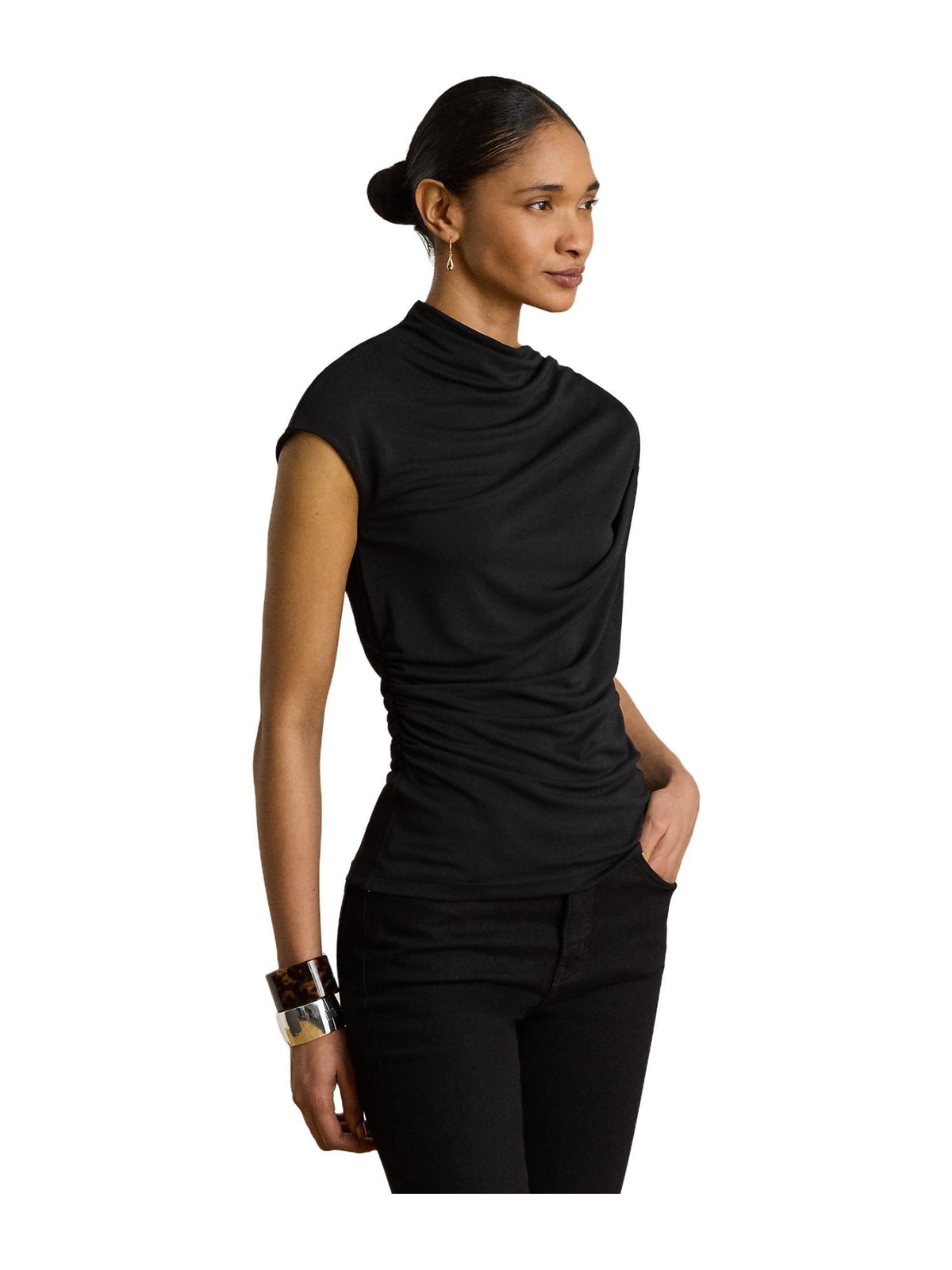 Top a collo alto in jersey elasticizzato arricciato