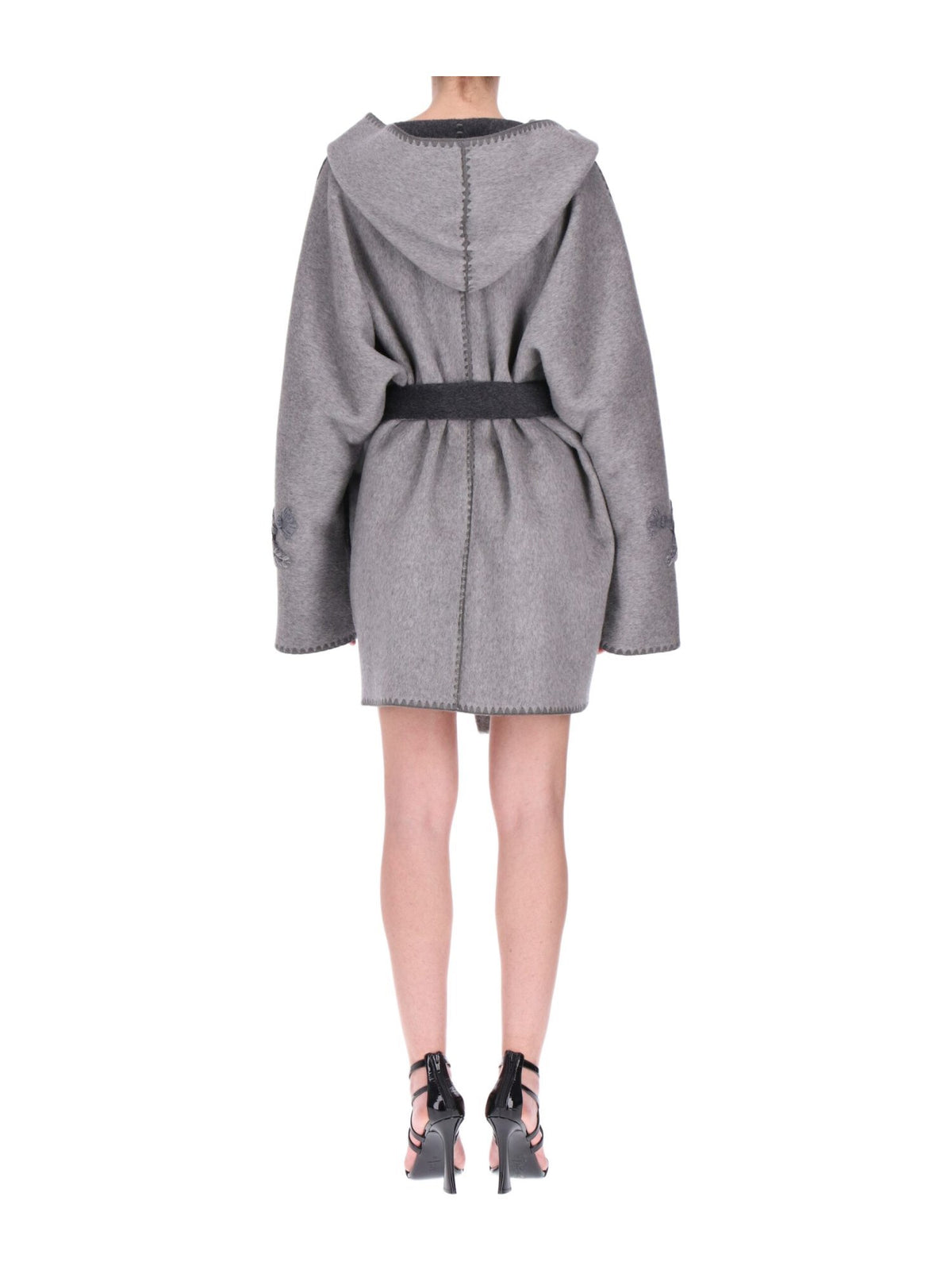 Cappotto Corto con Cappuccio Double con Ricami in Lana