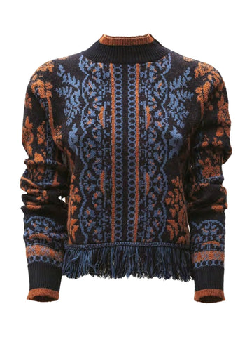 Maglia Corta Jacquard Floreale con Frange