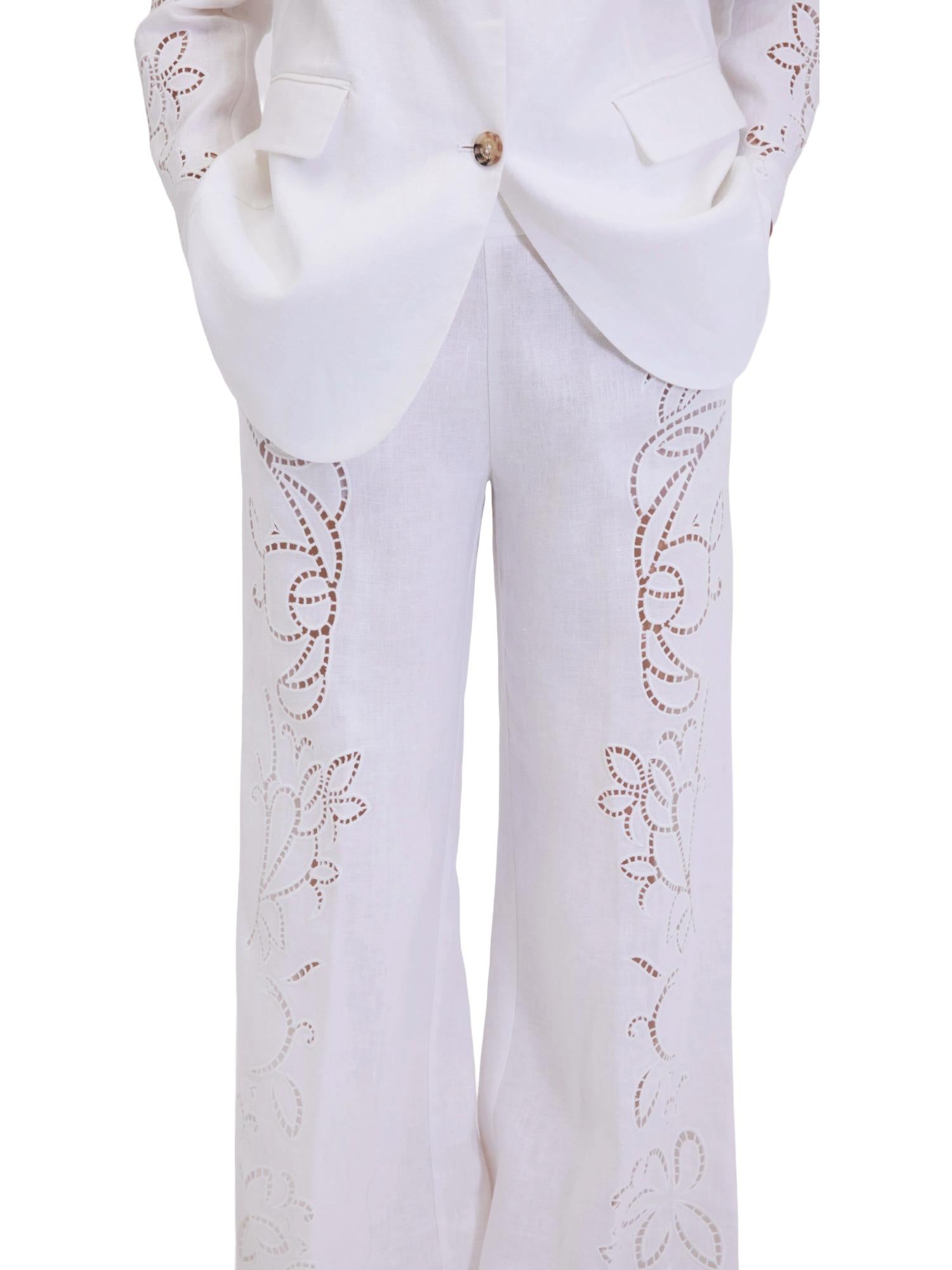 Ermanno Firenze Pantalone in lino con ricami San Gallo
