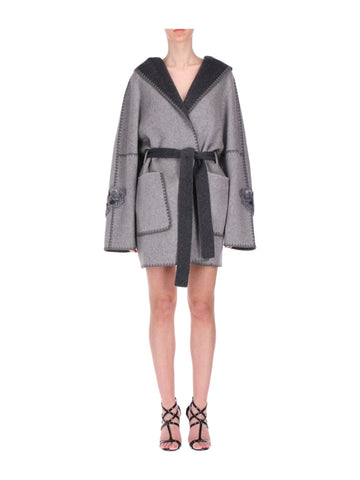 Cappotto Corto con Cappuccio Double con Ricami in Lana