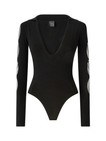 Body a Costine con Scollo a V e Trasparenze