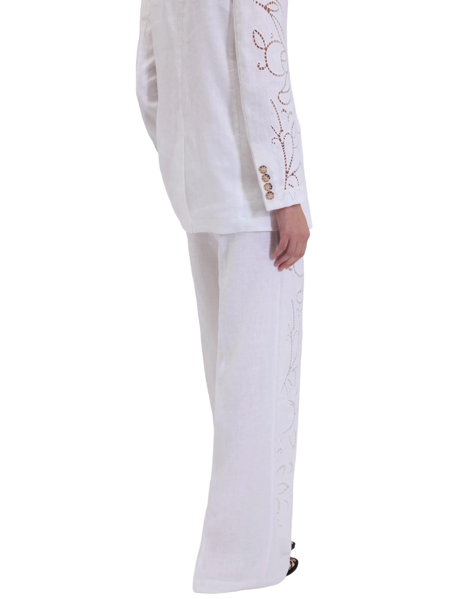 Ermanno Firenze Pantalone in lino con ricami San Gallo