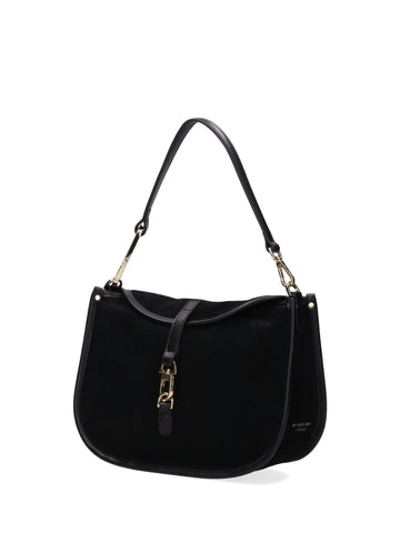 Borsa a Spalla Effetto Suede Nero con Fibbia Dorata