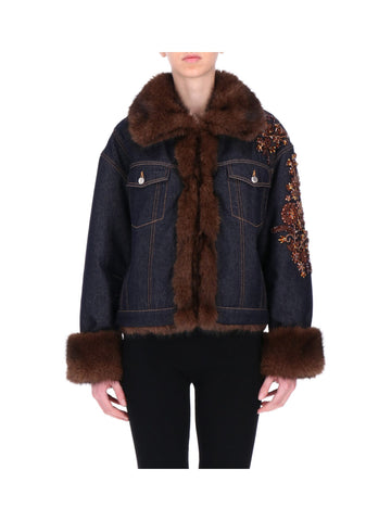 Giubbino in Denim con Ricami Gioiello e Interno Ecopelliccia