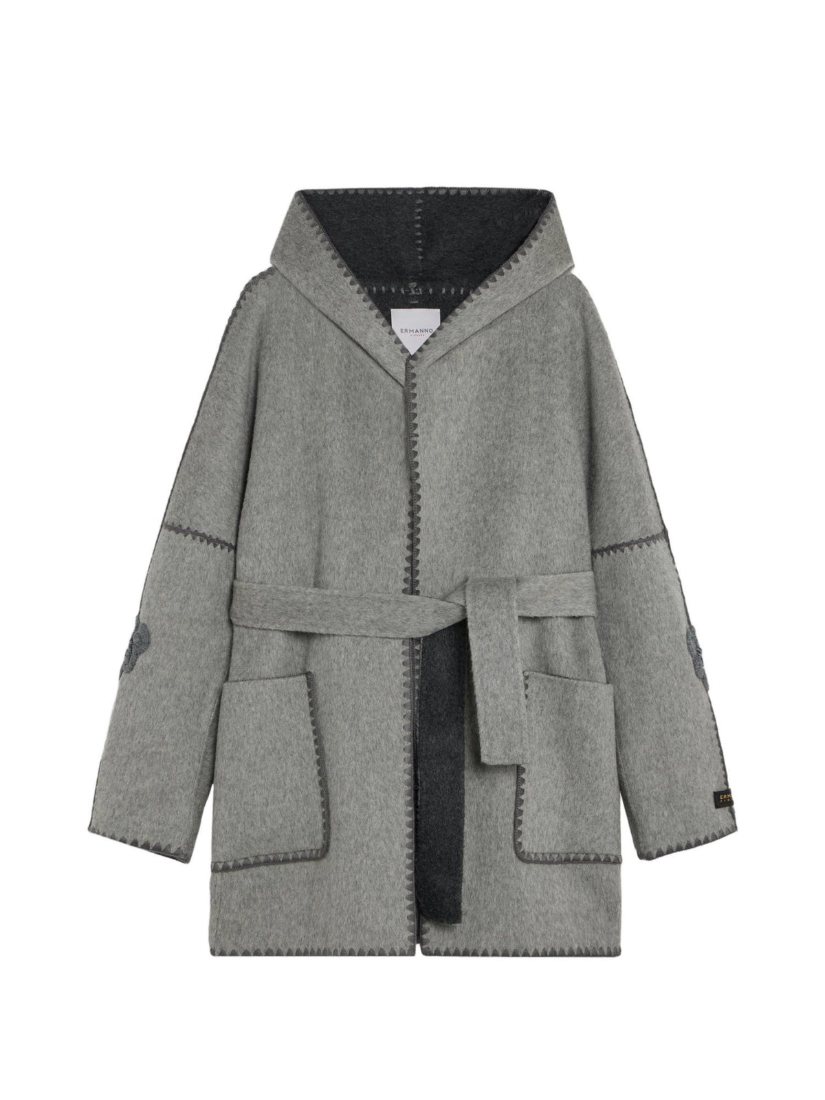 Cappotto Corto con Cappuccio Double con Ricami in Lana