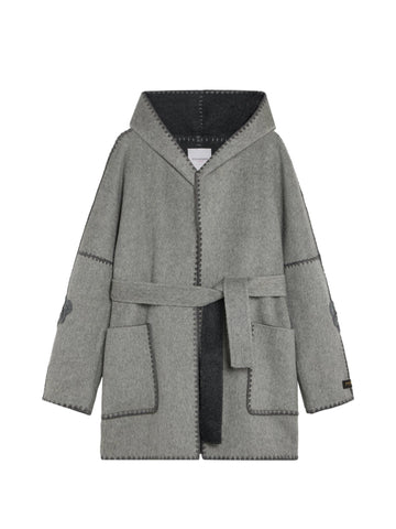 Cappotto Corto con Cappuccio Double con Ricami in Lana