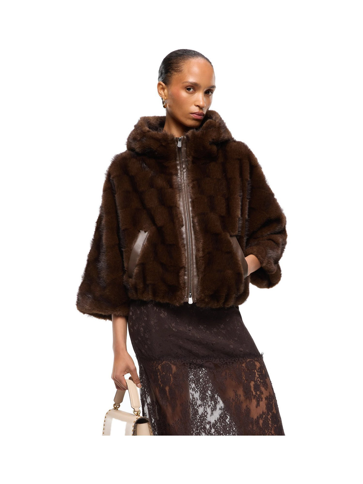 Giacca blouson effetto pelliccia con cappuccio